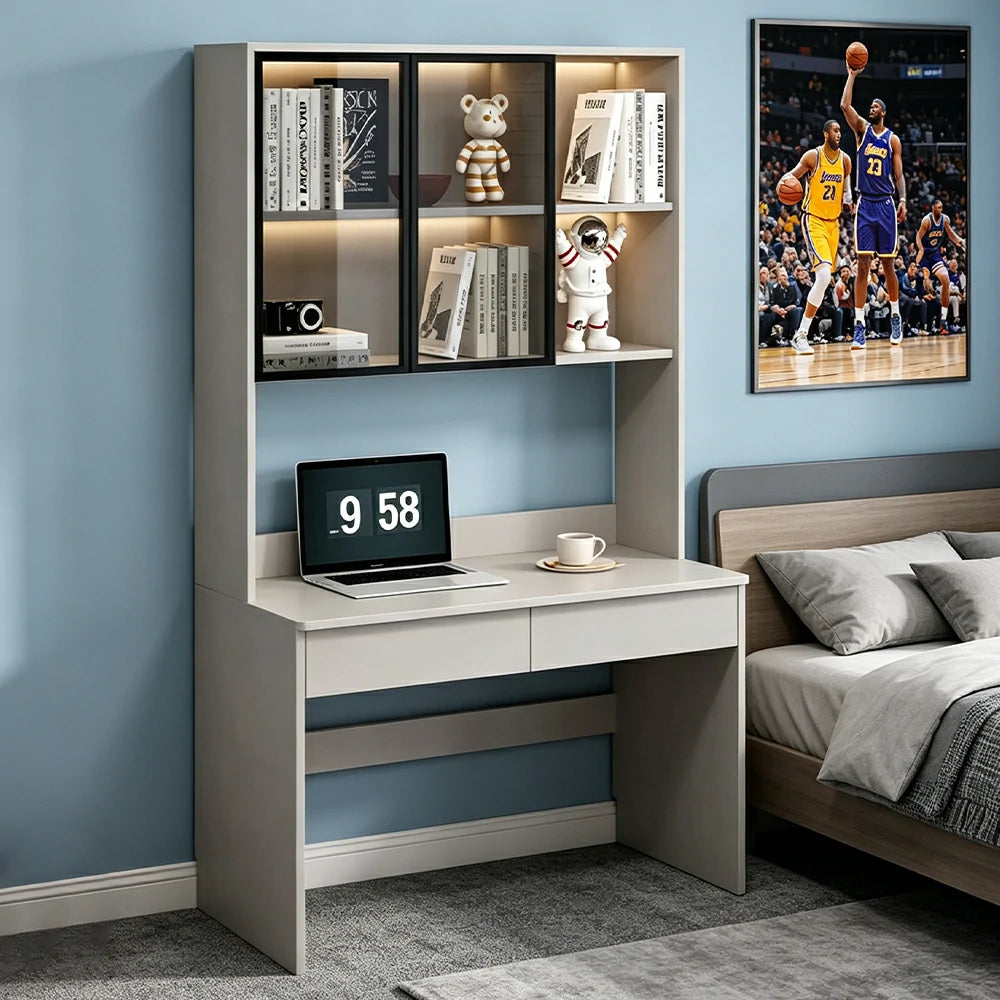 LIVARA Bookshelf Computer Desk 100cm Solid Wood with Dual Drawers for Bedroom, Study Room & Small Space Office - Grey