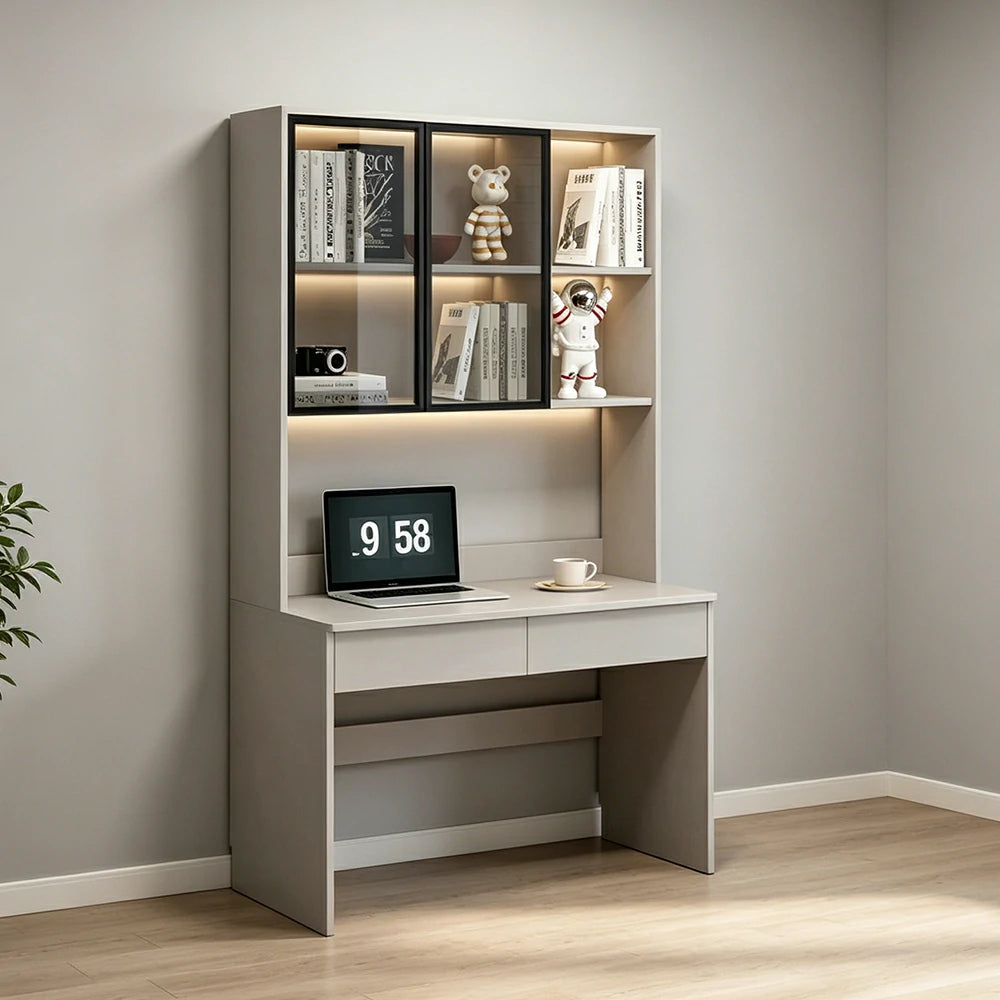 LIVARA Bookshelf Computer Desk 100cm Solid Wood with Dual Drawers for Bedroom, Study Room & Small Space Office - Grey
