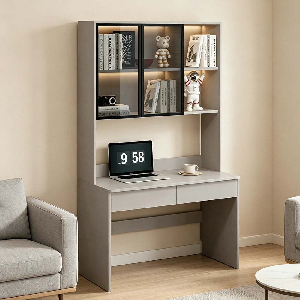 LIVARA Bookshelf Computer Desk 100cm Solid Wood with Dual Drawers for Bedroom, Study Room & Small Space Office - Grey