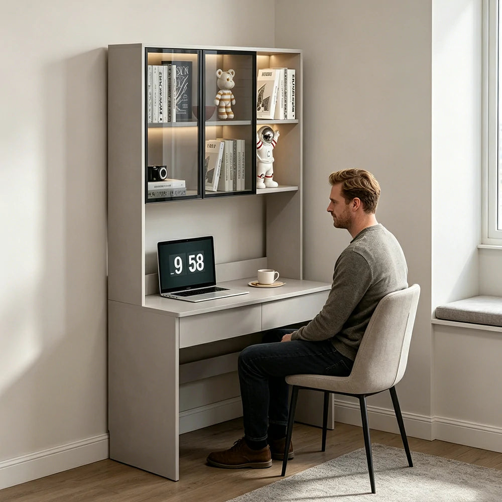 LIVARA Bookshelf Computer Desk 100cm Solid Wood with Dual Drawers for Bedroom, Study Room & Small Space Office - Grey