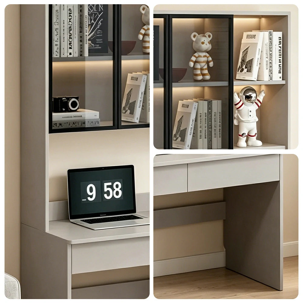 LIVARA Bookshelf Computer Desk 100cm Solid Wood with Dual Drawers for Bedroom, Study Room & Small Space Office - Grey