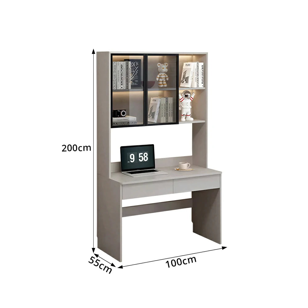 LIVARA Bookshelf Computer Desk 100cm Solid Wood with Dual Drawers for Bedroom, Study Room & Small Space Office - Grey