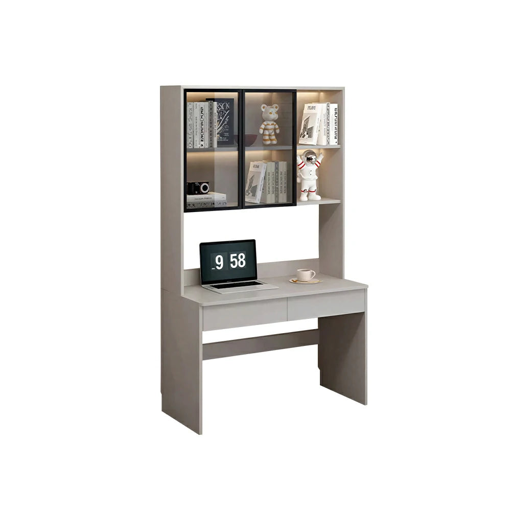 LIVARA Bookshelf Computer Desk 100cm Solid Wood with Dual Drawers for Bedroom, Study Room & Small Space Office - Grey