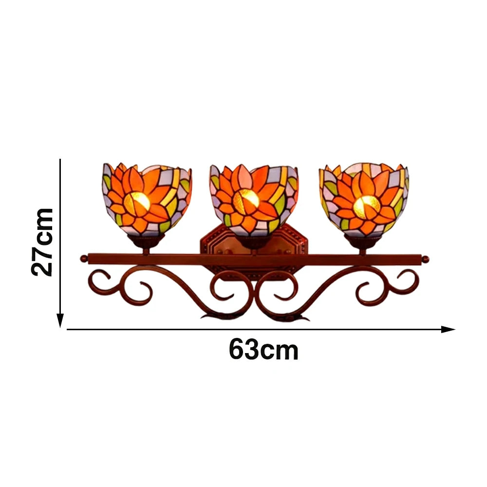 LIVARA European Vintage Sunflower Pattern 3-Light Wall Light Stained Glass Handcrafted Iron Frame 63cm Living Room Bedroom Dining