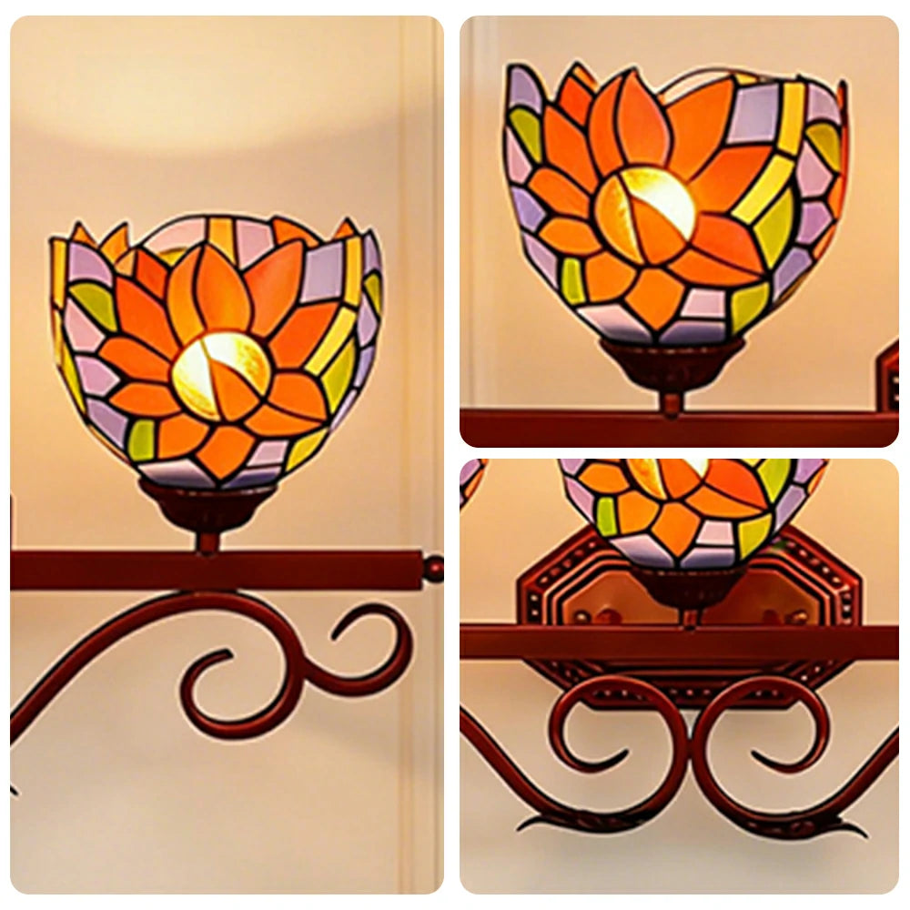 LIVARA European Vintage Sunflower Pattern 3-Light Wall Light Stained Glass Handcrafted Iron Frame 63cm Living Room Bedroom Dining