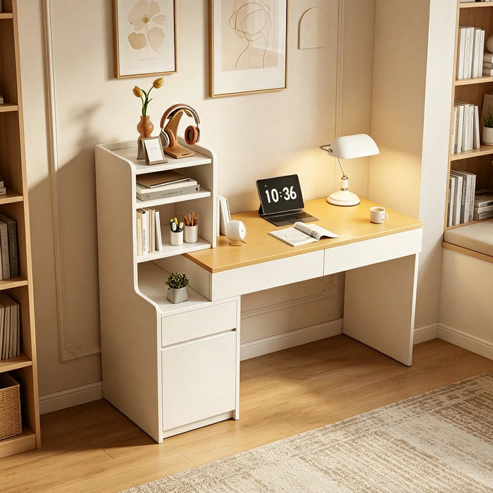 LIVARA Extendable Desk for Bedroom, Study Room & Small Space Home Office - White&Wood
