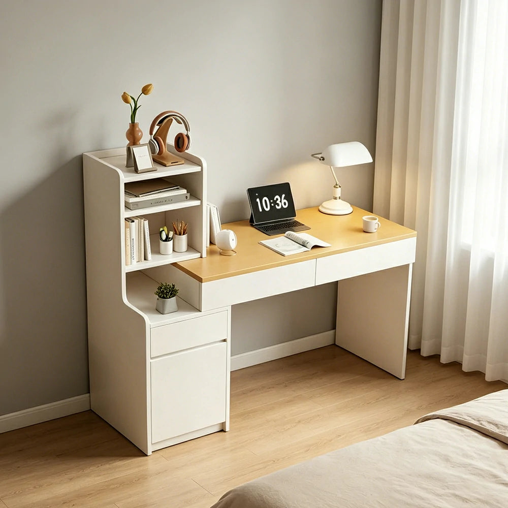 LIVARA Extendable Desk for Bedroom, Study Room & Small Space Home Office - White&Wood