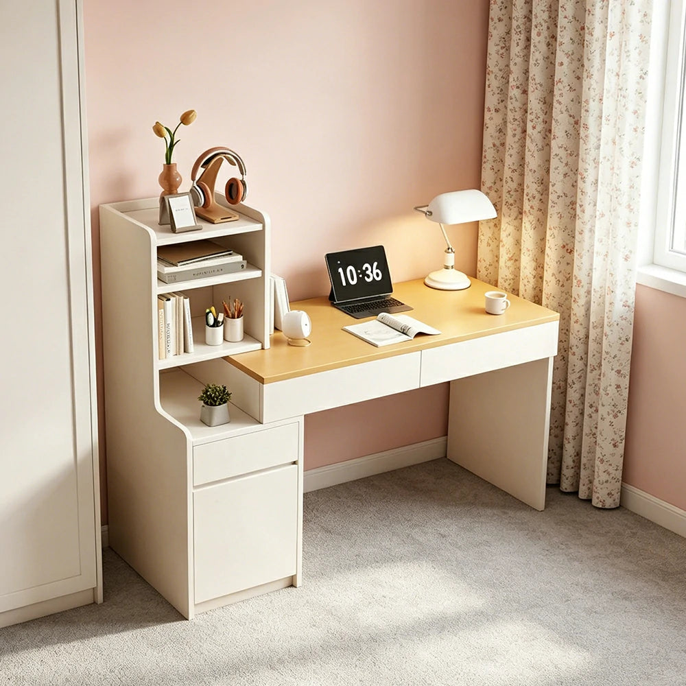 LIVARA Extendable Desk for Bedroom, Study Room & Small Space Home Office - White&Wood