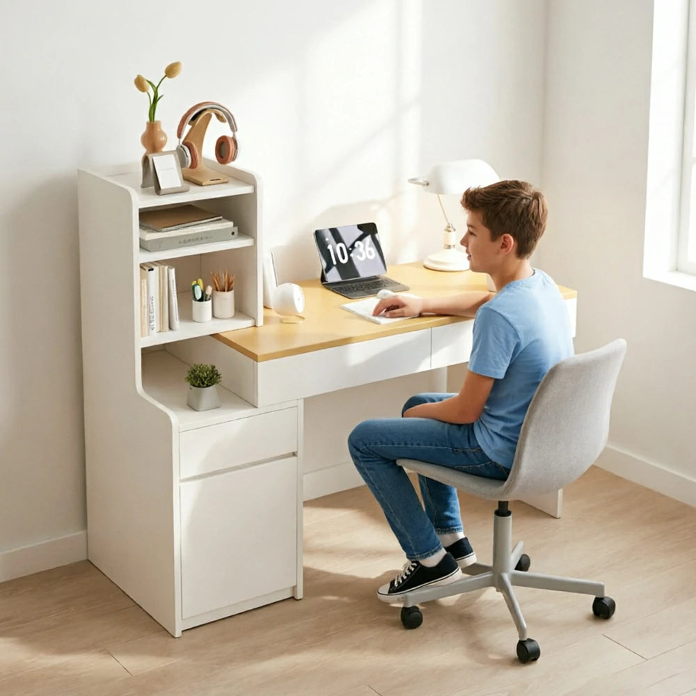 LIVARA Extendable Desk for Bedroom, Study Room & Small Space Home Office - White&Wood