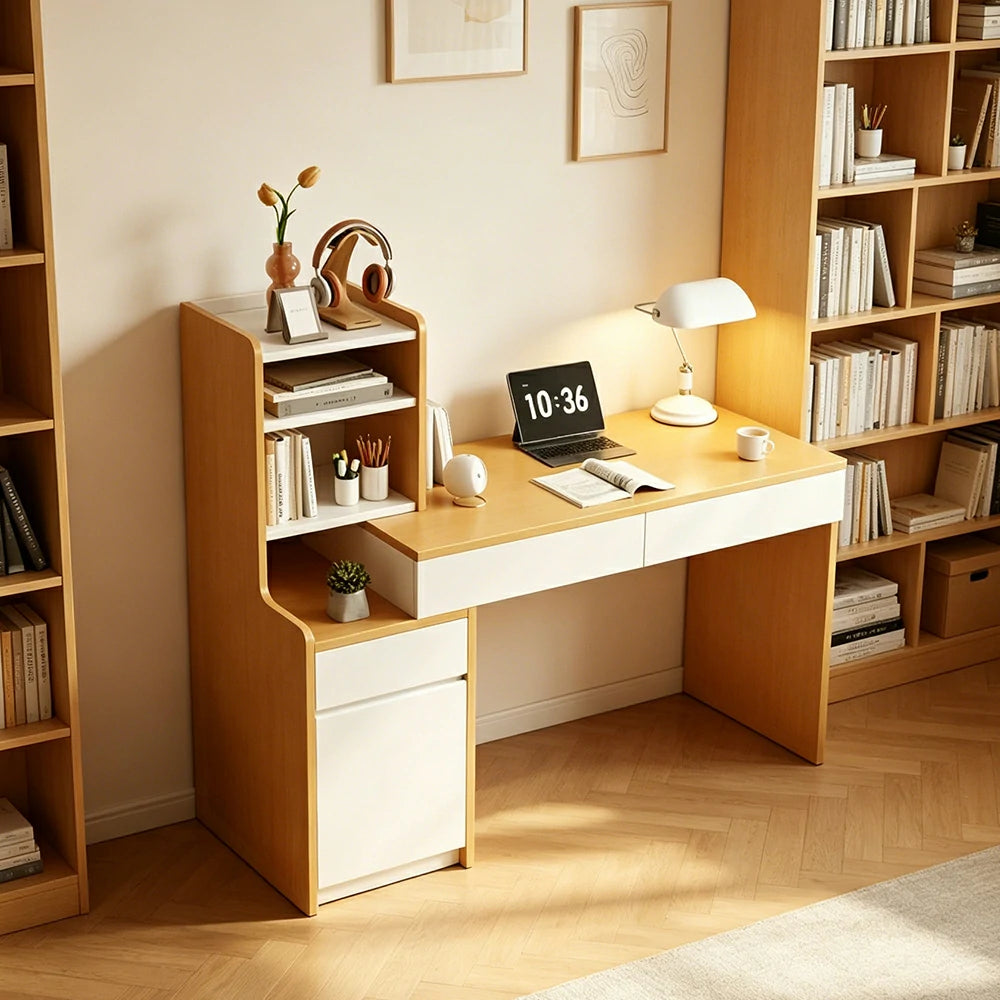 LIVARA Integrated Desk Cabinet for Home Study, Office & Bedroom Storage - White&Wood