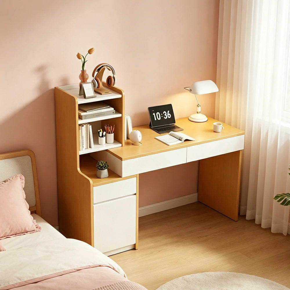 LIVARA Integrated Desk Cabinet for Home Study, Office & Bedroom Storage - White&Wood