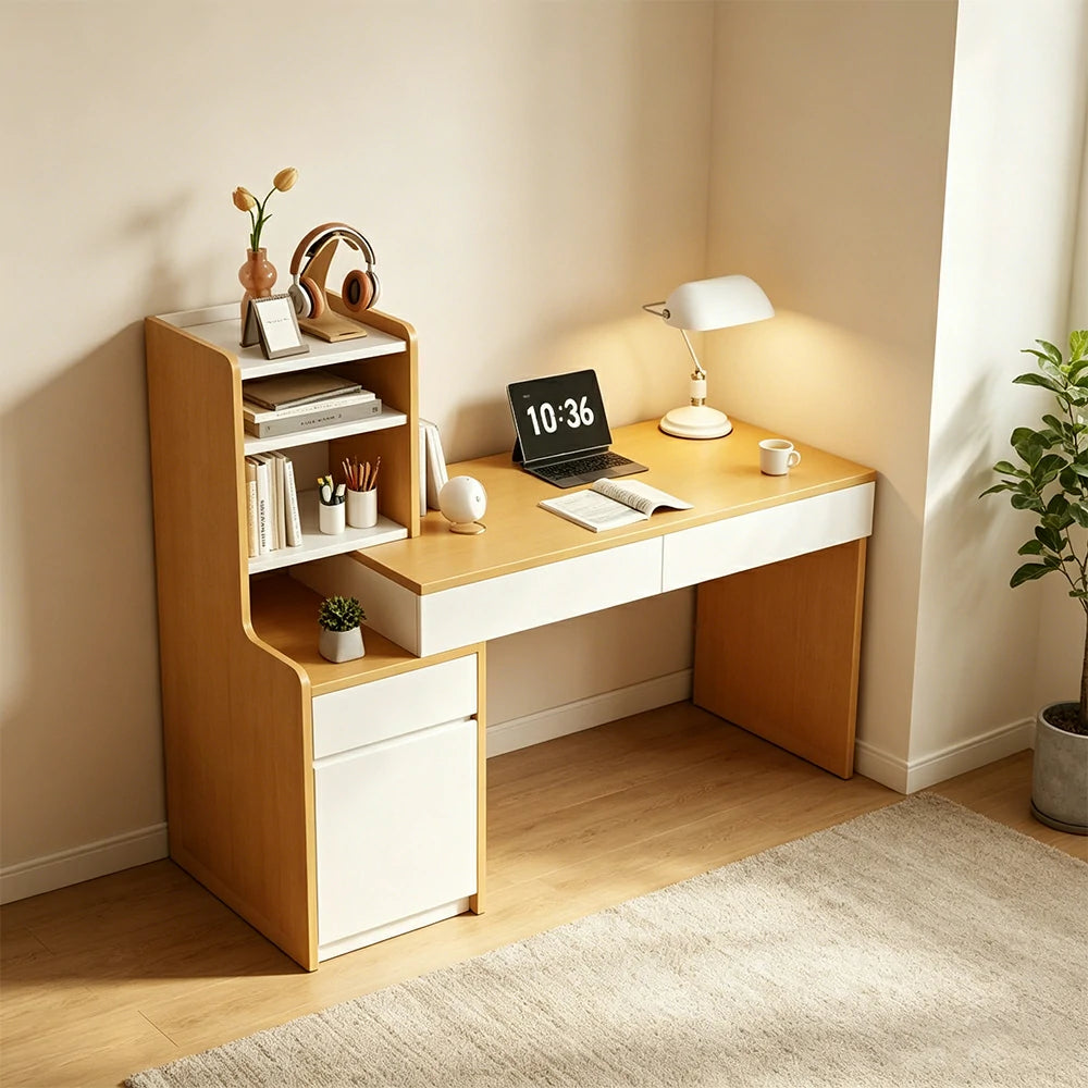 LIVARA Integrated Desk Cabinet for Home Study, Office & Bedroom Storage - White&Wood