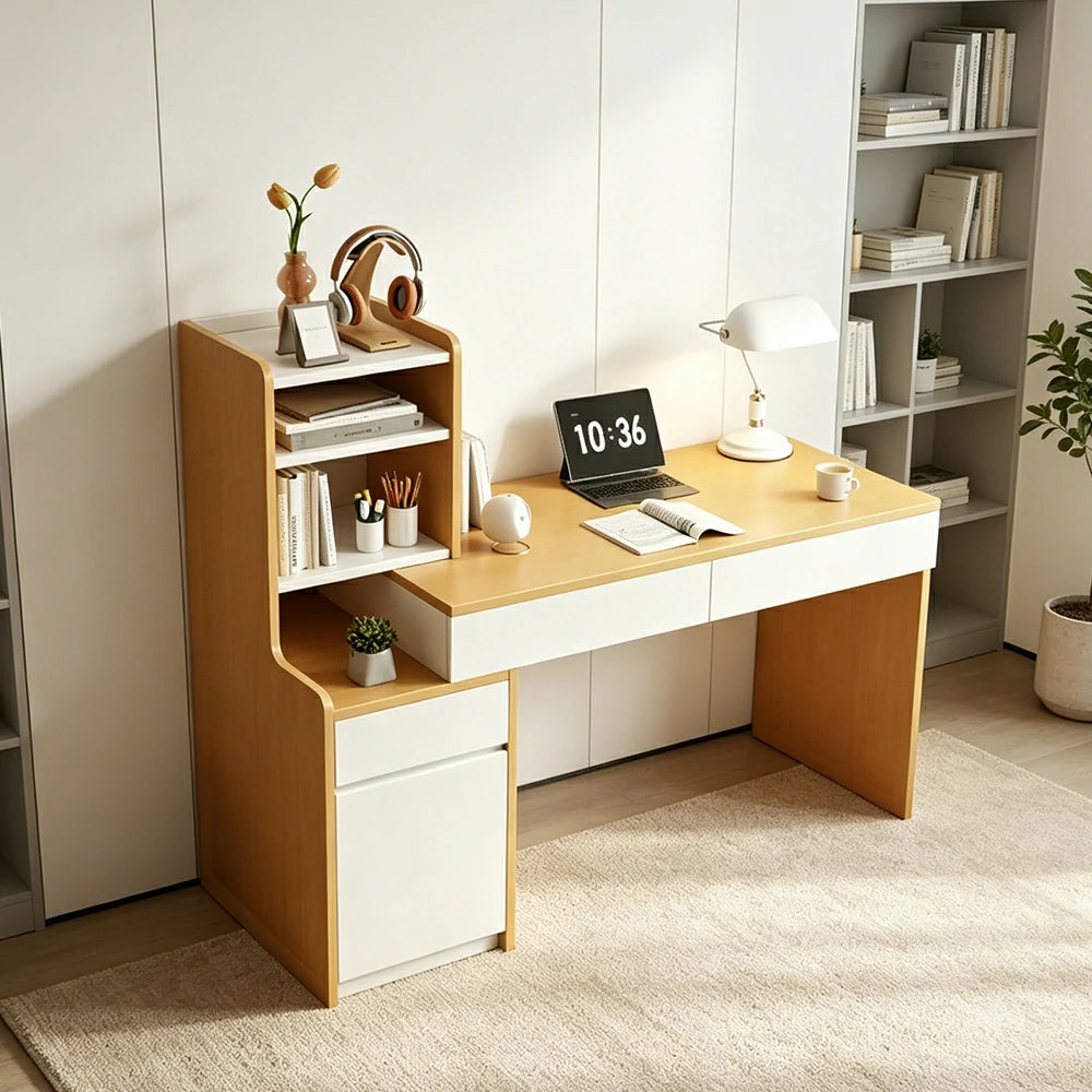 LIVARA Integrated Desk Cabinet for Home Study, Office & Bedroom Storage - White&Wood