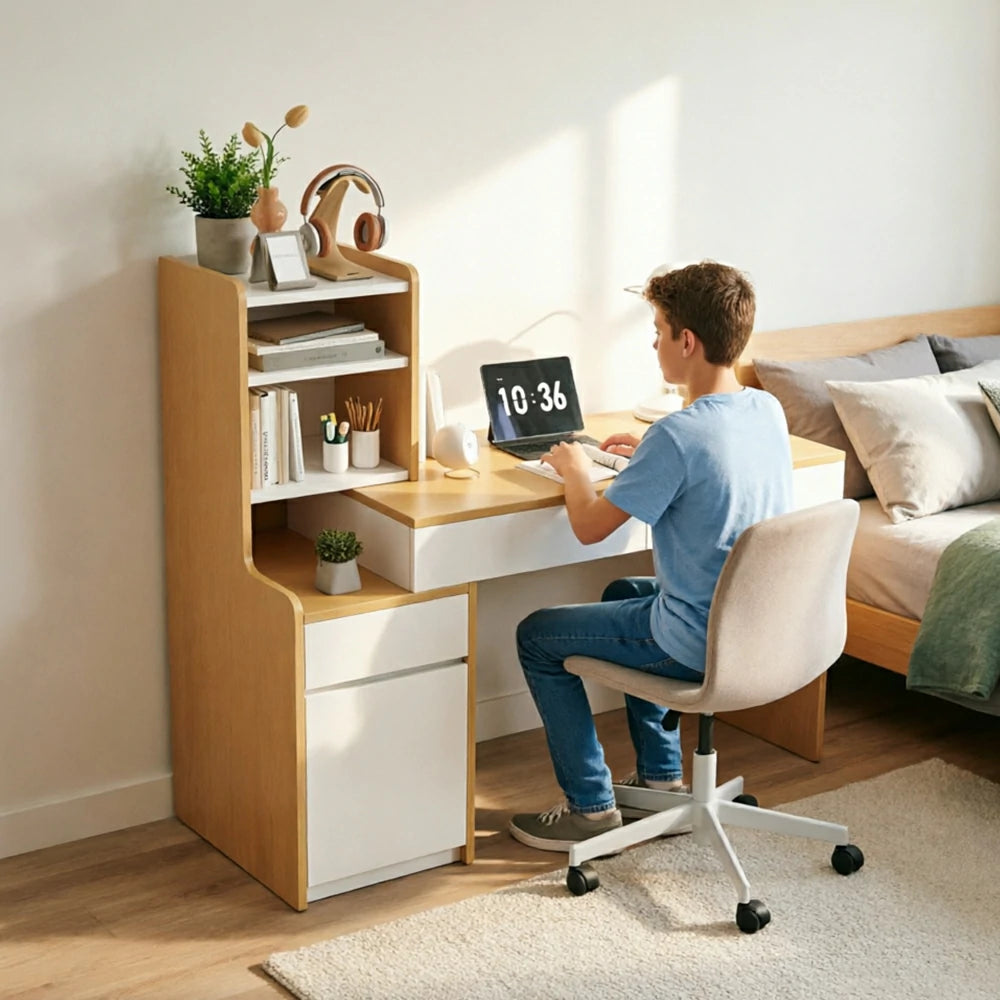 LIVARA Integrated Desk Cabinet for Home Study, Office & Bedroom Storage - White&Wood