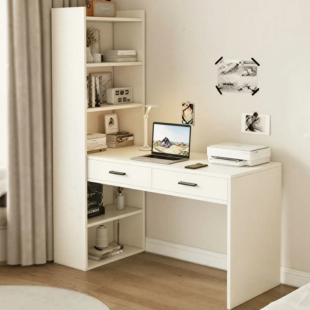 LIVARA Study Desk with Bookshelf & 2 Drawers 120x50x170cm for Home Office - White