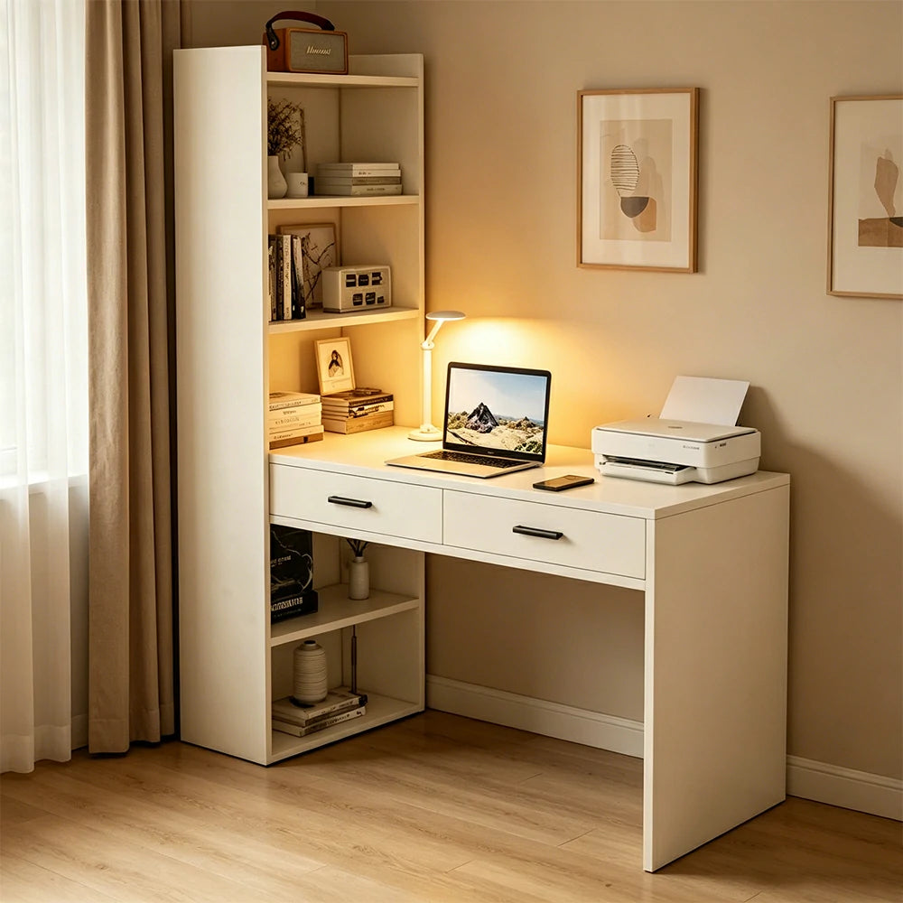 LIVARA Study Desk with Bookshelf & 2 Drawers 120x50x170cm for Home Office - White
