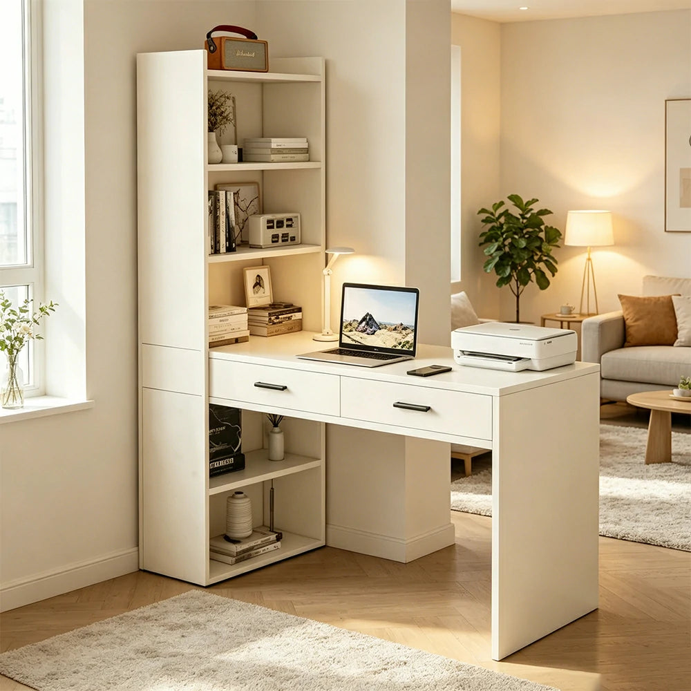 LIVARA Study Desk with Bookshelf & 2 Drawers 120x50x170cm for Home Office - White
