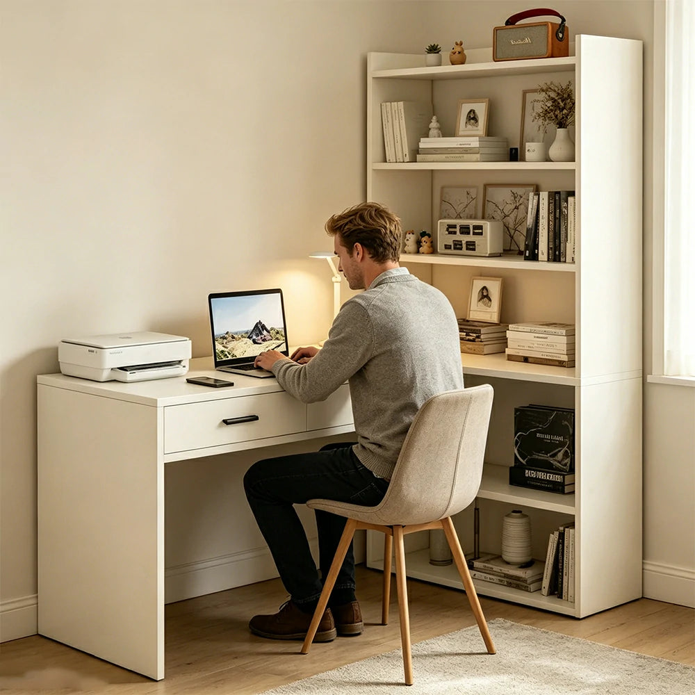 LIVARA Study Desk with Bookshelf & 2 Drawers 120x50x170cm for Home Office - White