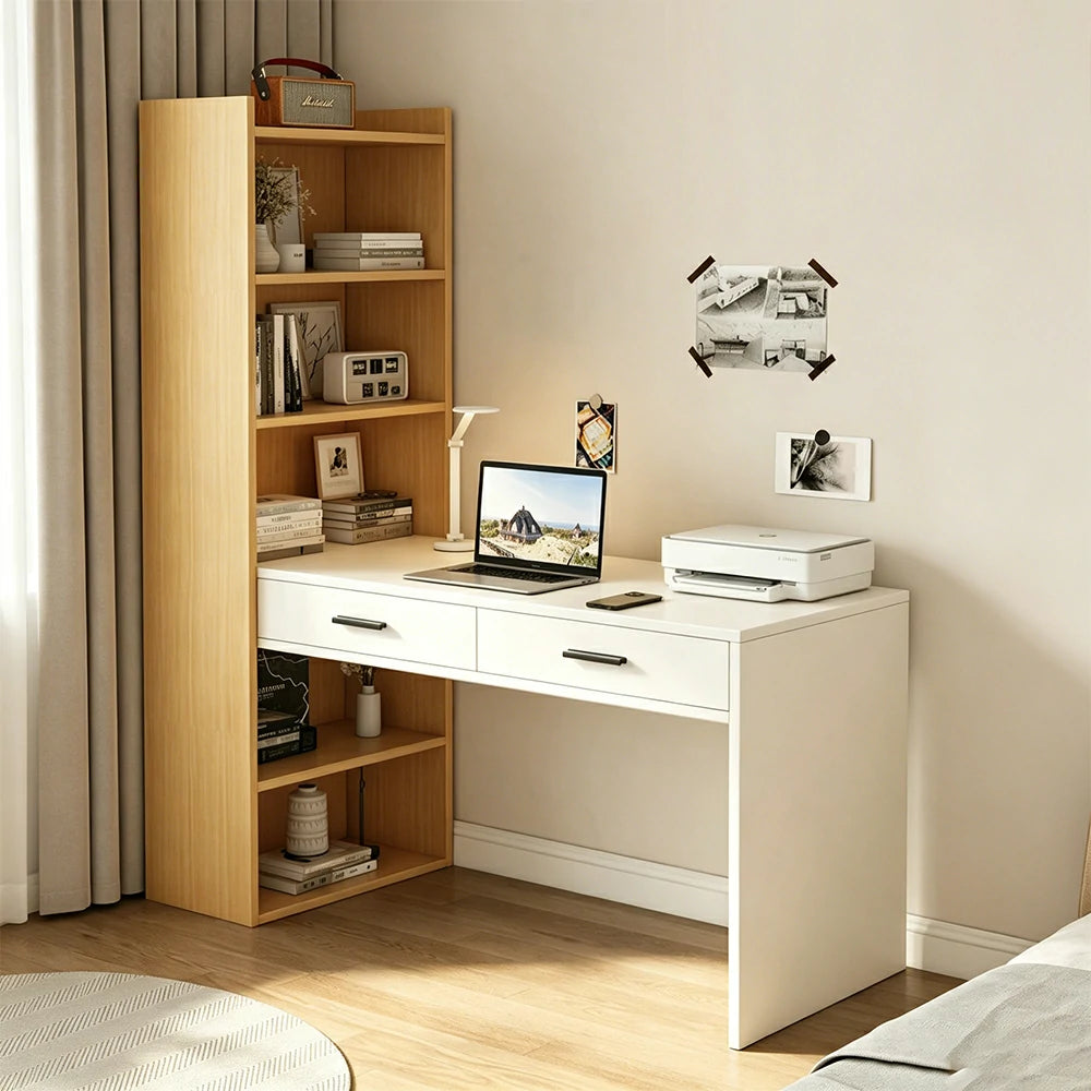LIVARA Study Desk with Bookshelf & 2 Drawers 120x50x170cm for Home Office - White&Wood