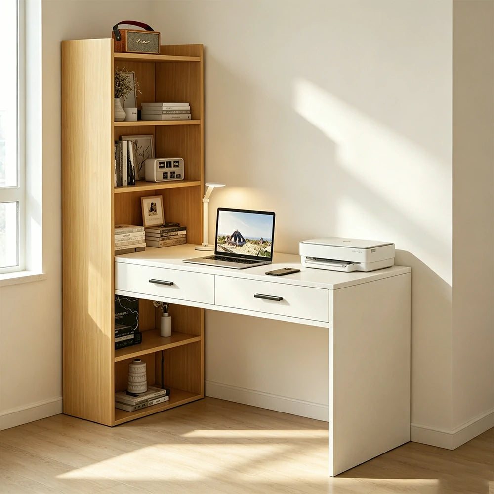 LIVARA Study Desk with Bookshelf & 2 Drawers 120x50x170cm for Home Office - White&Wood