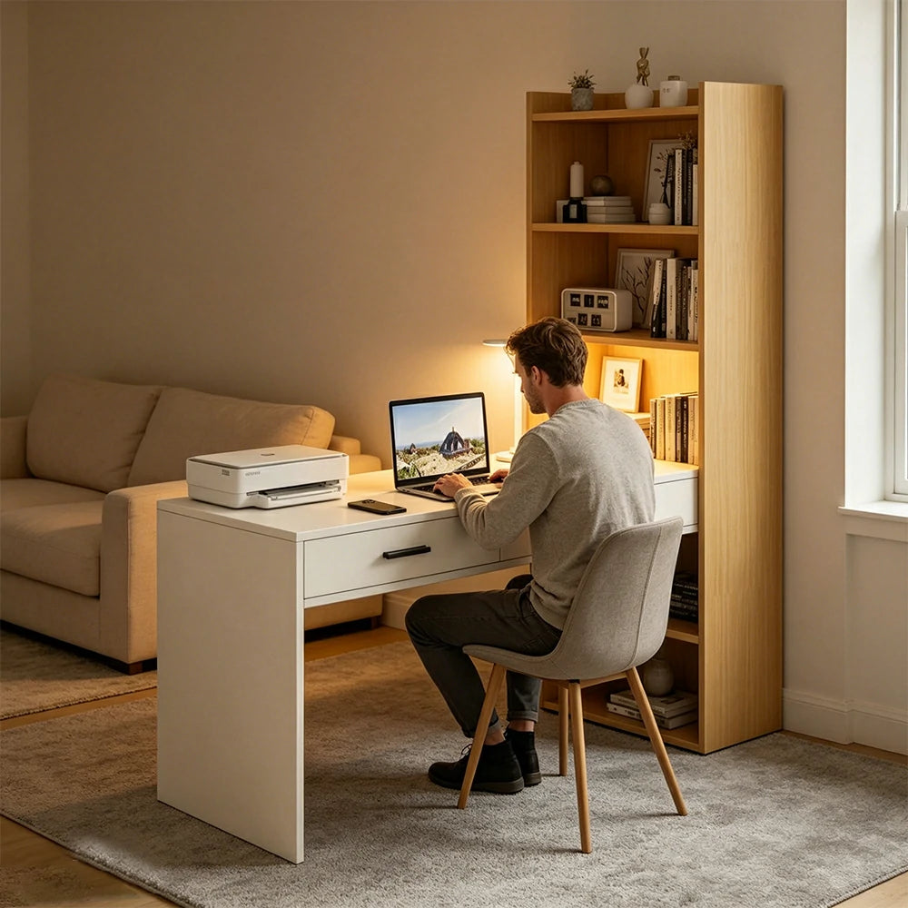 LIVARA Study Desk with Bookshelf & 2 Drawers 120x50x170cm for Home Office - White&Wood