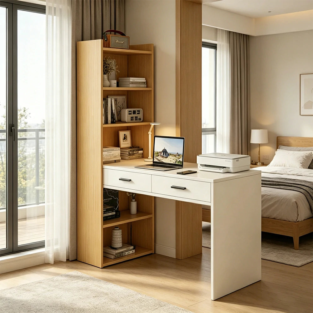 LIVARA Study Desk with Bookshelf & 2 Drawers 120x50x170cm for Home Office - White&Wood