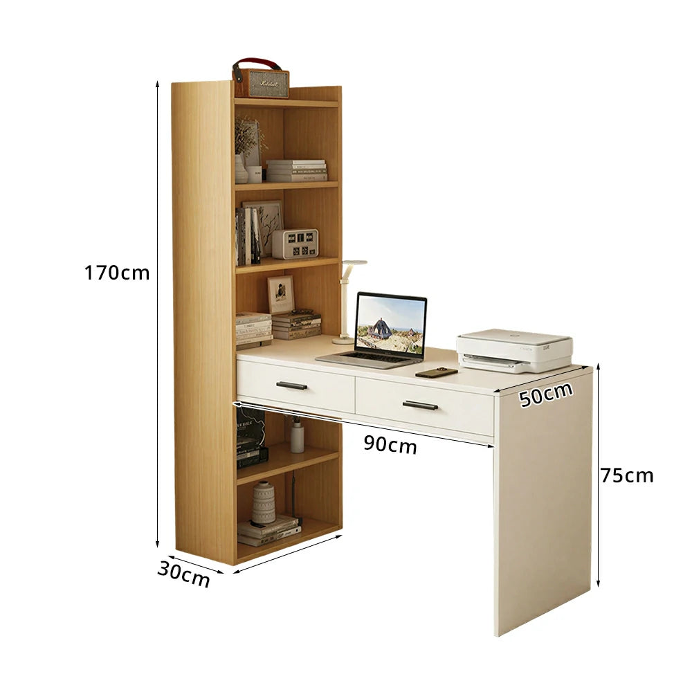 LIVARA Study Desk with Bookshelf & 2 Drawers 120x50x170cm for Home Office - White&Wood