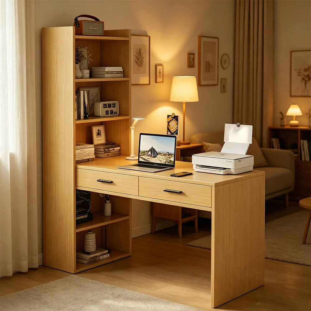 LIVARA Study Desk with Bookshelf & 2 Drawers 120x50x170cm for Home Office - Wood