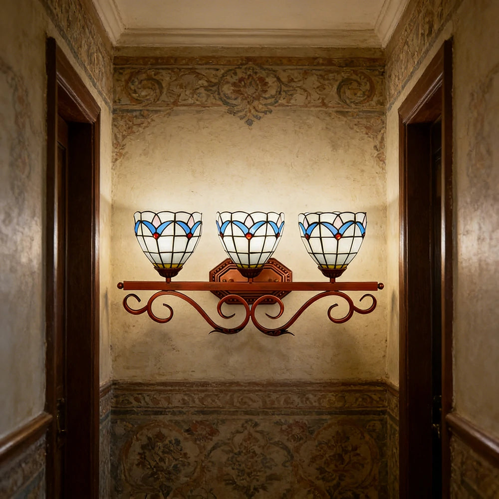 LIVARA European Vintage Magnolia Pattern 3-Light Wall Light Stained Glass Handcrafted Iron Frame 63cm Living Room Bedroom Dining