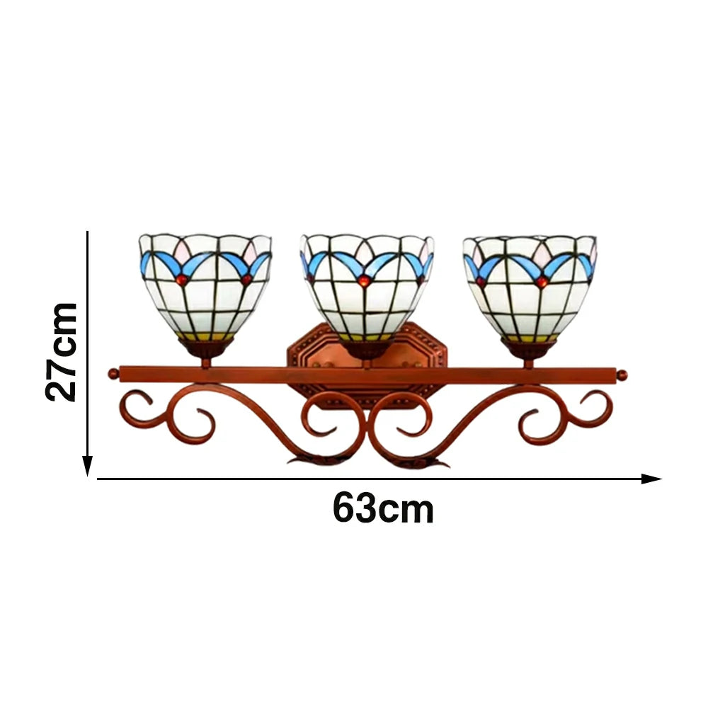 LIVARA European Vintage Magnolia Pattern 3-Light Wall Light Stained Glass Handcrafted Iron Frame 63cm Living Room Bedroom Dining