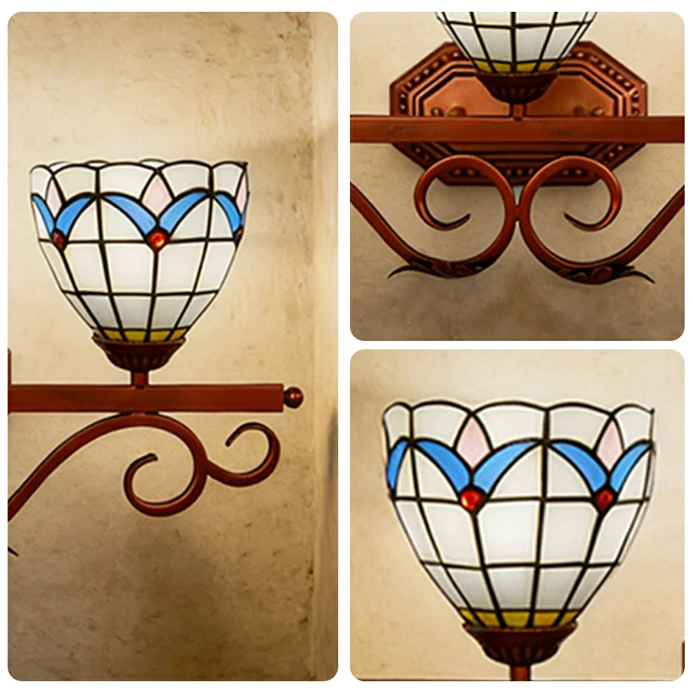 LIVARA European Vintage Magnolia Pattern 3-Light Wall Light Stained Glass Handcrafted Iron Frame 63cm Living Room Bedroom Dining