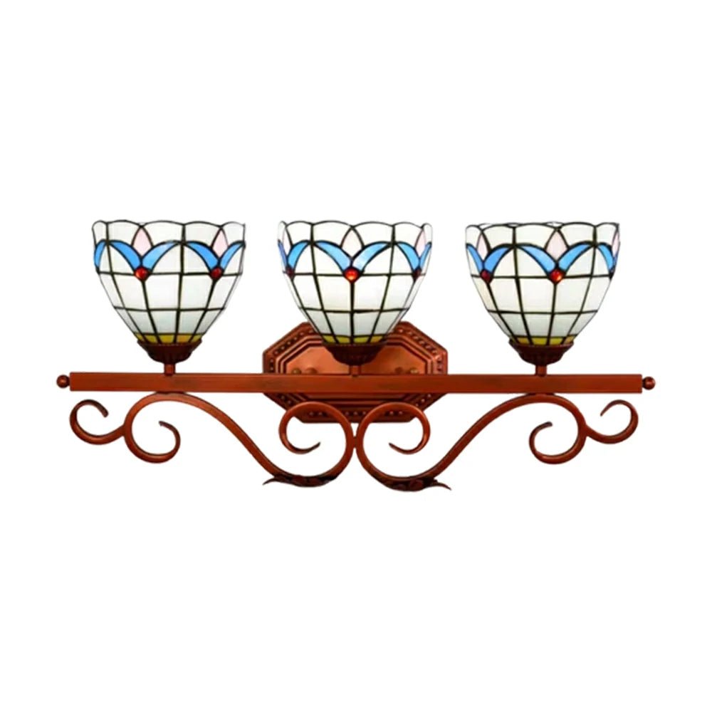 LIVARA European Vintage Magnolia Pattern 3-Light Wall Light Stained Glass Handcrafted Iron Frame 63cm Living Room Bedroom Dining