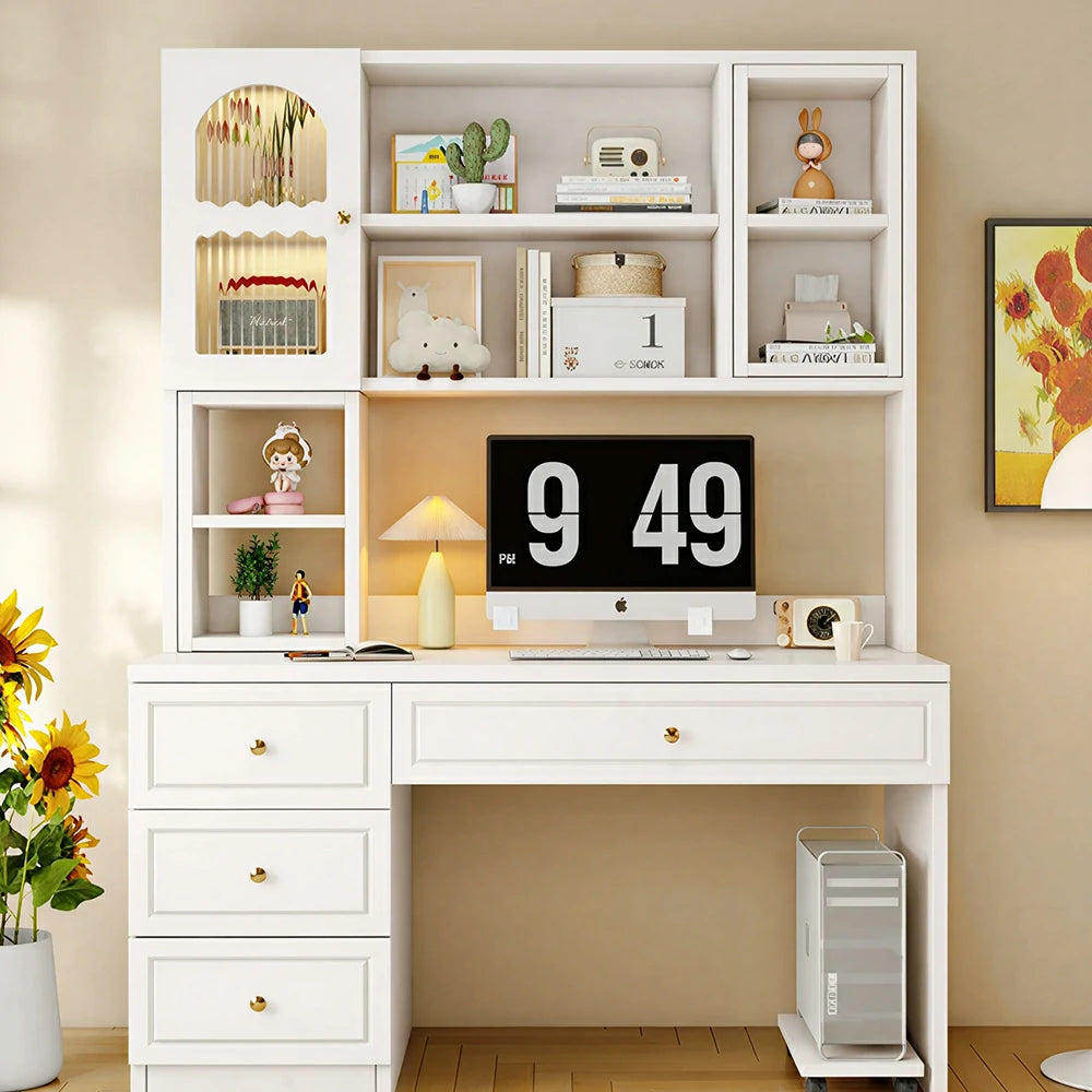 LIVARA Desk with Bookshelf Storage & Single Drawer for Bedroom Study Room - White