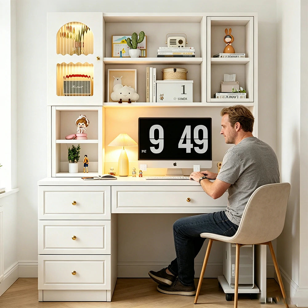 LIVARA Desk with Bookshelf Storage & Single Drawer for Bedroom Study Room - White