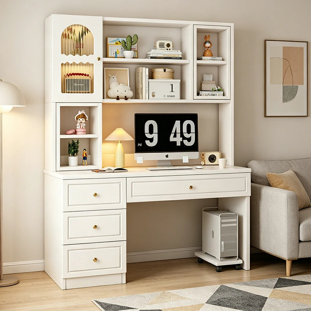 LIVARA Desk with Bookshelf Storage & Single Drawer for Bedroom Study Room - White