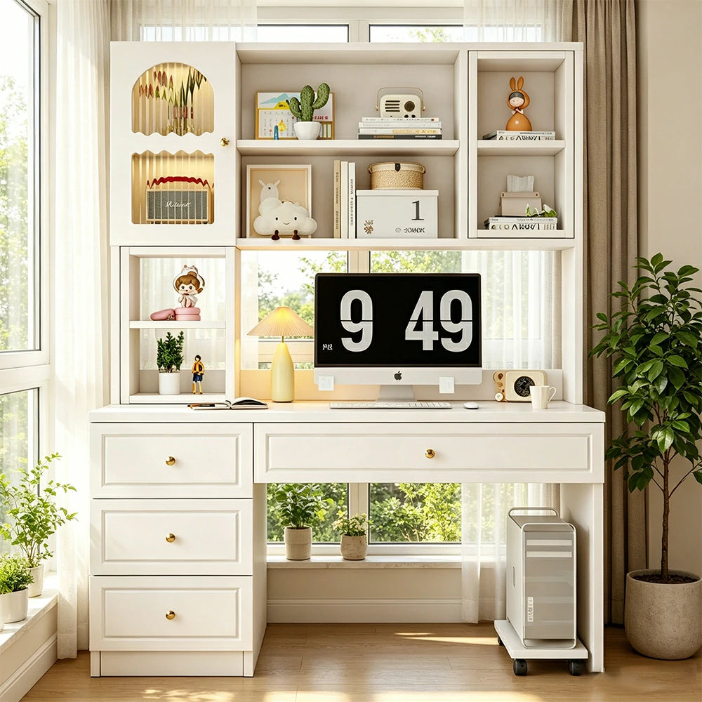 LIVARA Desk with Bookshelf Storage & Single Drawer for Bedroom Study Room - White