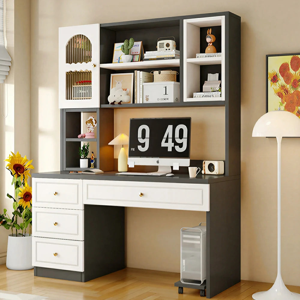 LIVARA Desk with Bookshelf Storage & Single Drawer for Bedroom Study Room - White&Black