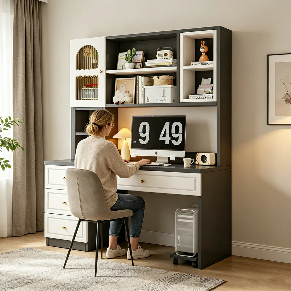 LIVARA Desk with Bookshelf Storage & Single Drawer for Bedroom Study Room - White&Black