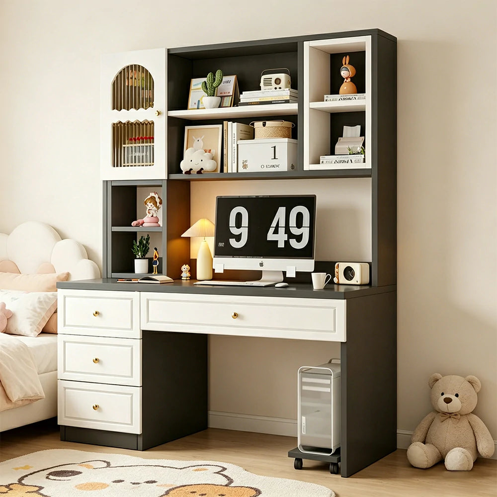 LIVARA Desk with Bookshelf Storage & Single Drawer for Bedroom Study Room - White&Black