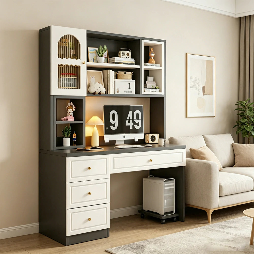 LIVARA Desk with Bookshelf Storage & Single Drawer for Bedroom Study Room - White&Black