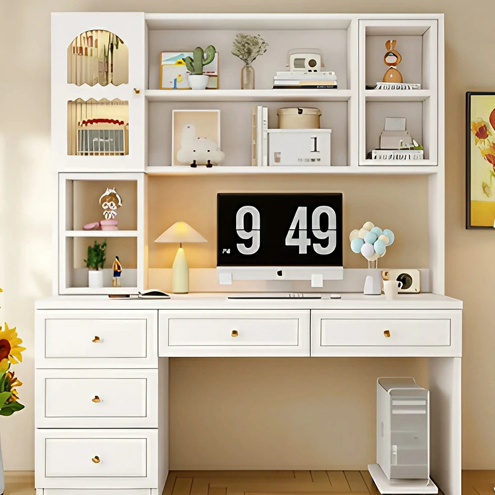 LIVARA Desk with Bookshelf Storage & Double Drawers for Bedroom Study Room - White
