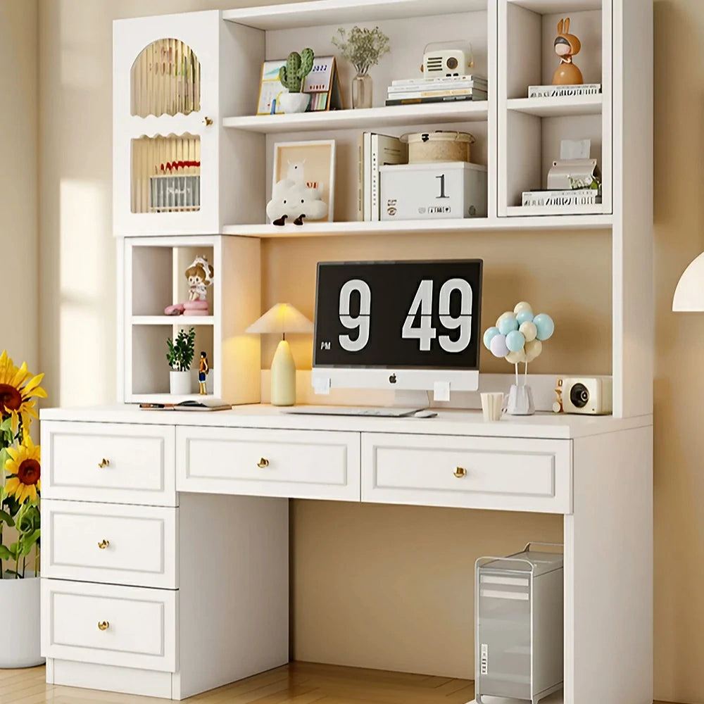 LIVARA Desk with Bookshelf Storage & Double Drawers for Bedroom Study Room - White