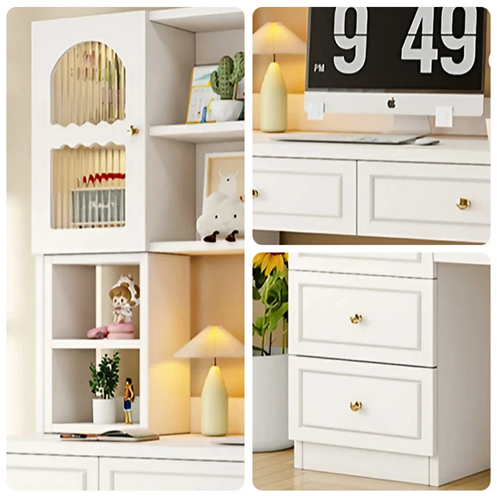 LIVARA Desk with Bookshelf Storage & Double Drawers for Bedroom Study Room - White