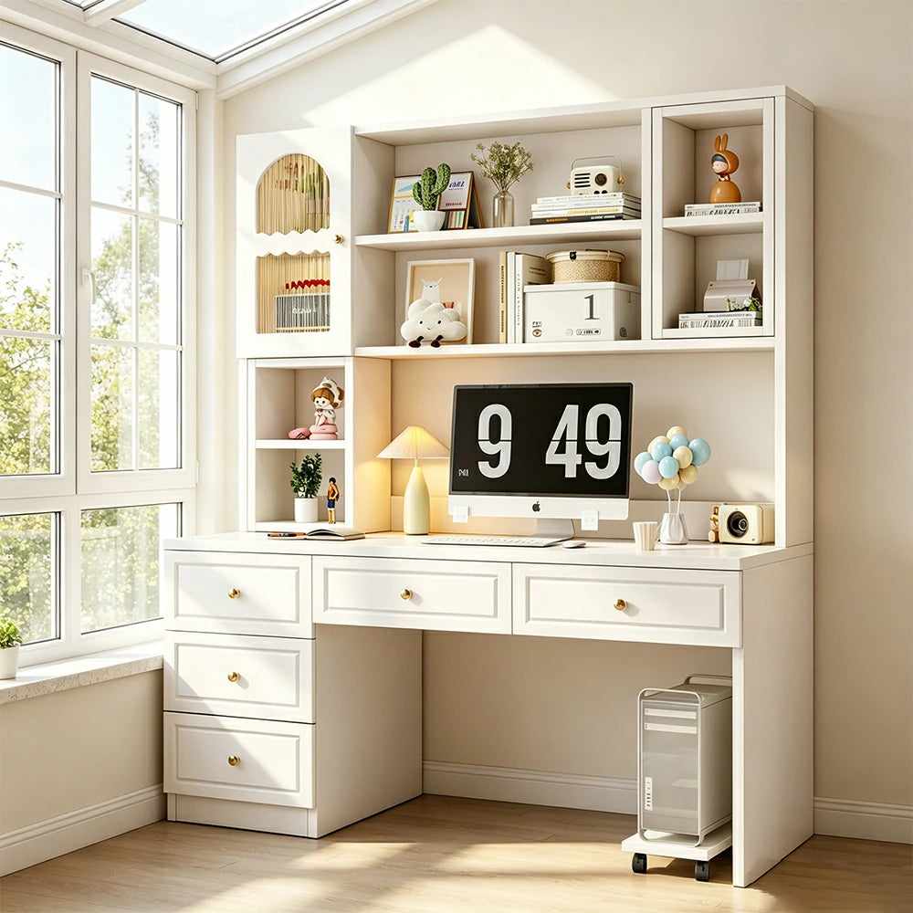 LIVARA Desk with Bookshelf Storage & Double Drawers for Bedroom Study Room - White