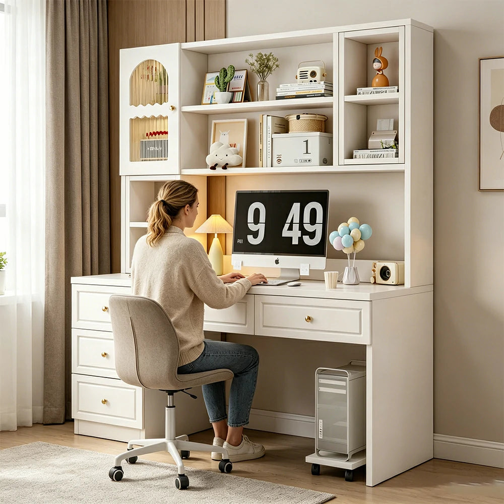 LIVARA Desk with Bookshelf Storage & Double Drawers for Bedroom Study Room - White