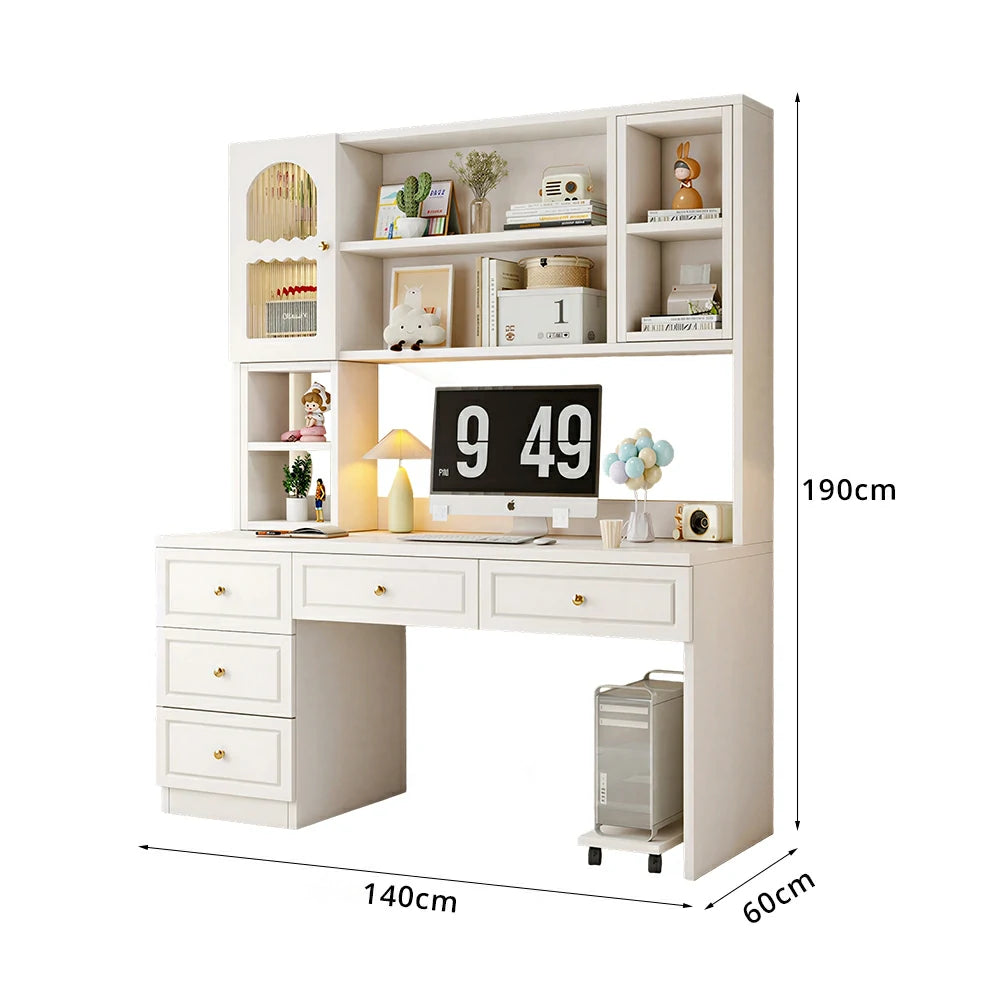 LIVARA Desk with Bookshelf Storage & Double Drawers for Bedroom Study Room - White