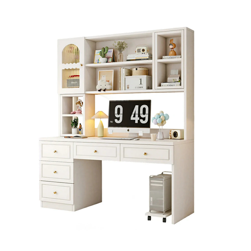 LIVARA Desk with Bookshelf Storage & Double Drawers for Bedroom Study Room - White