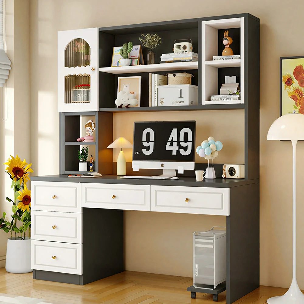 LIVARA Desk with Bookshelf Storage & Double Drawers for Bedroom Study Room - White&Grey