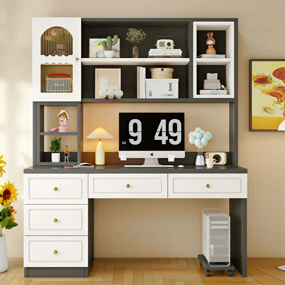 LIVARA Desk with Bookshelf Storage & Double Drawers for Bedroom Study Room - White&Grey