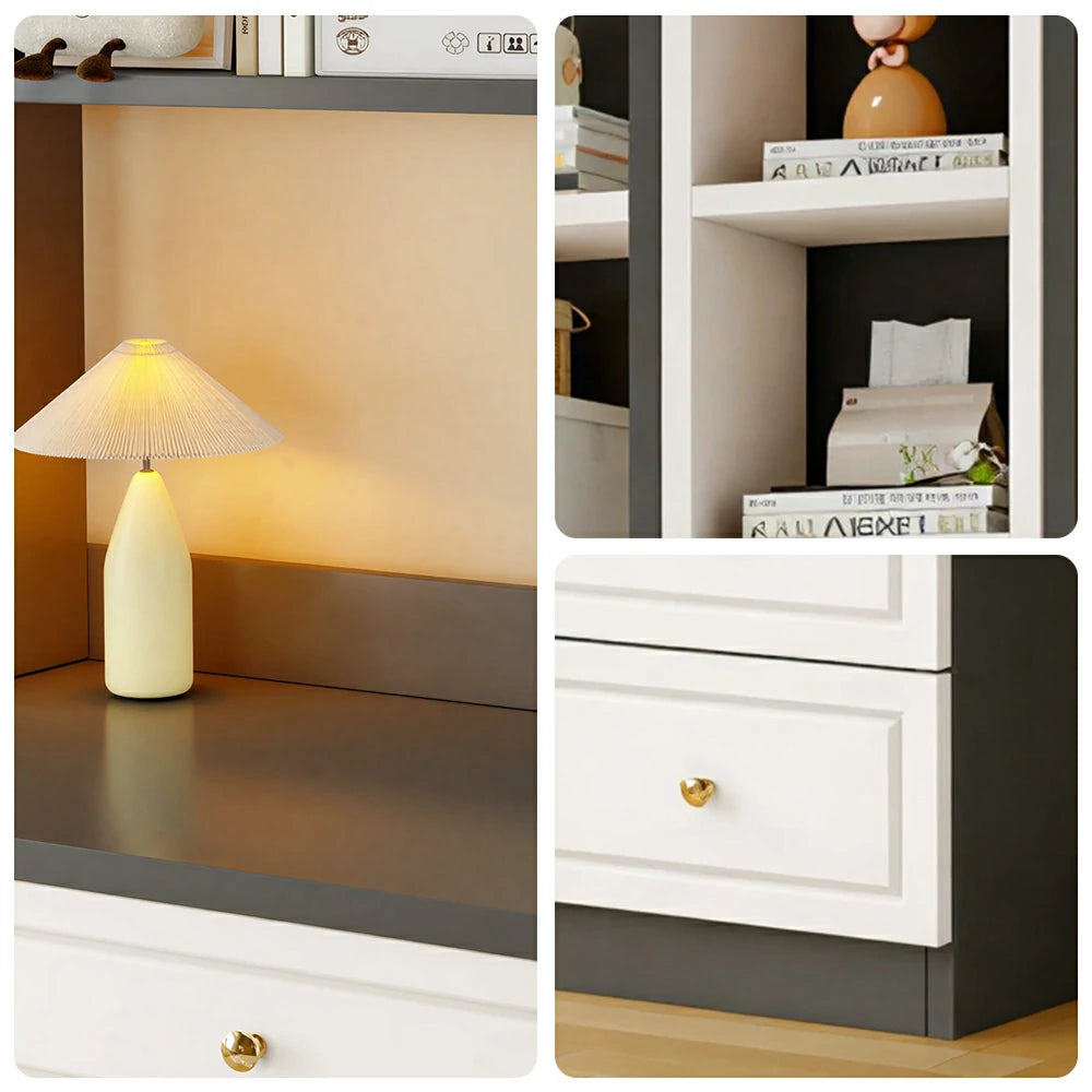 LIVARA Desk with Bookshelf Storage & Double Drawers for Bedroom Study Room - White&Grey